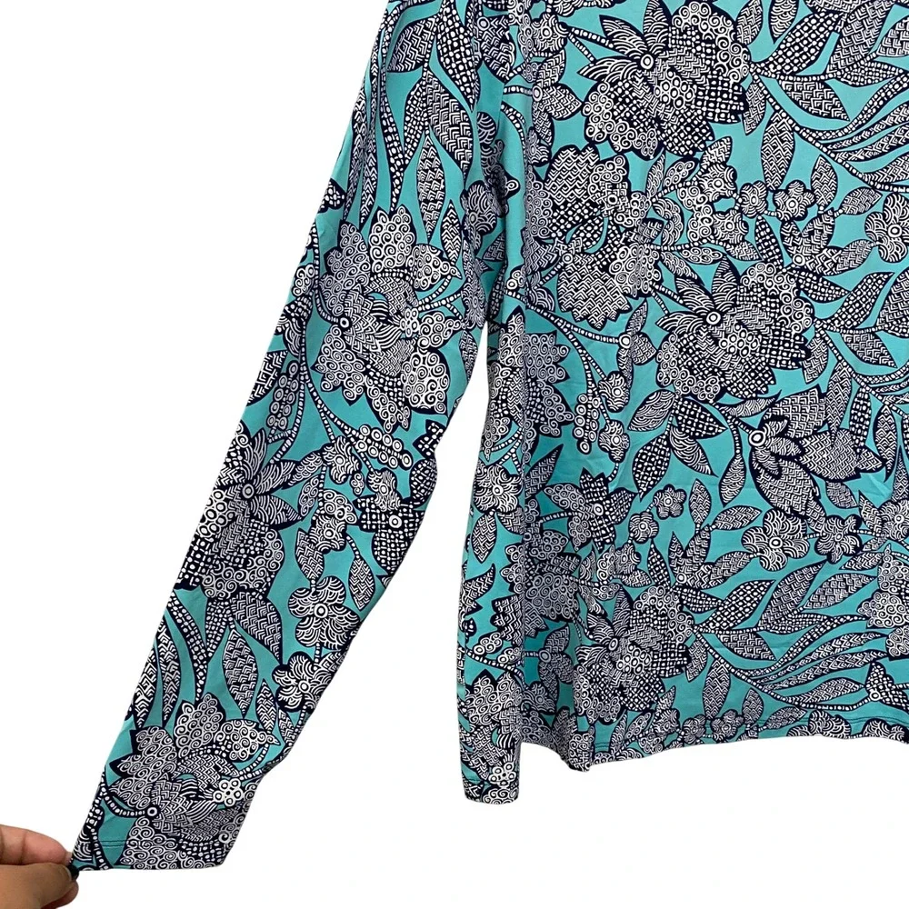Lands' End L Floral Swim Shirt Rash Guard Long Sleeve Aqua Blue White Navy - Picture 4 of 9
